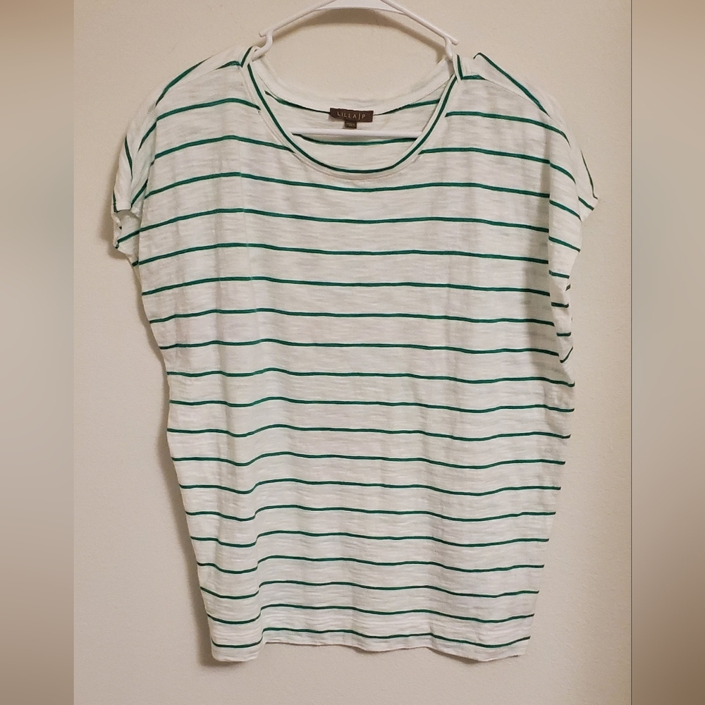 Lilla P Women's 100% Cotton Casual Green Striped Boxy Top Size XL Spring Summer